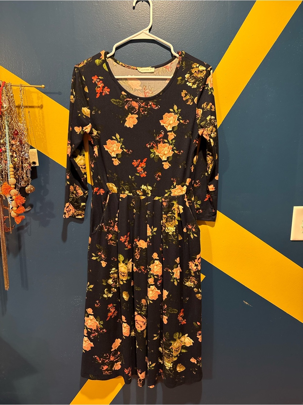 Reborn J Navy Floral Long Sleeve Midi Dress EUC